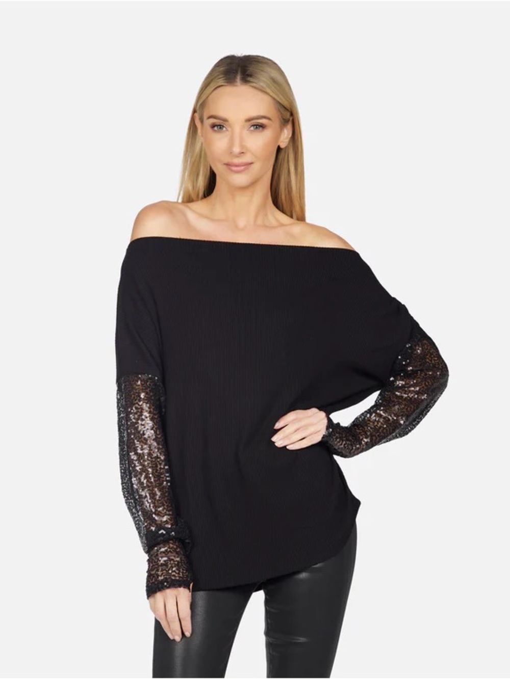 REVOLVE Michael Lauren Black Off-the-Shoulder Sweater with Sequin Sleeves Small